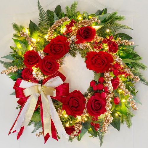 Pinkpuii Pre-lit Christmas Wreaths for Front Door 24 Inch- Outdoor Xmas Wreath with Lights, Lighted Valentine's Day Wreath with Red Roses,Golden Ball Ornament and Red Bow for Holiday Door Decorations
