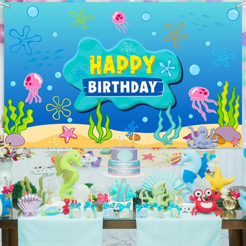 Under The Sea Happy Birthday Banner Backdrop Decoration, Ocean Photo Banner Background Ocean Jellyfish Seaweed Wall Décor for Birthday Baby Shower Party Photography Decorations, 73 x 43 Inch