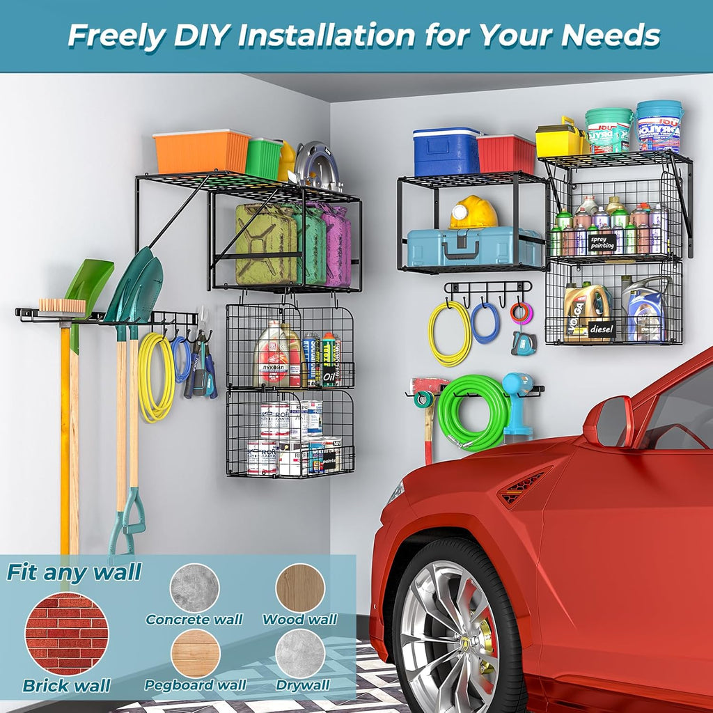 ThreeHio Garage Shelf - Heavy Duty Wall Mounted Storage with Wire Baskets & Tool Rack | Ideal for Home & Garden Organization
