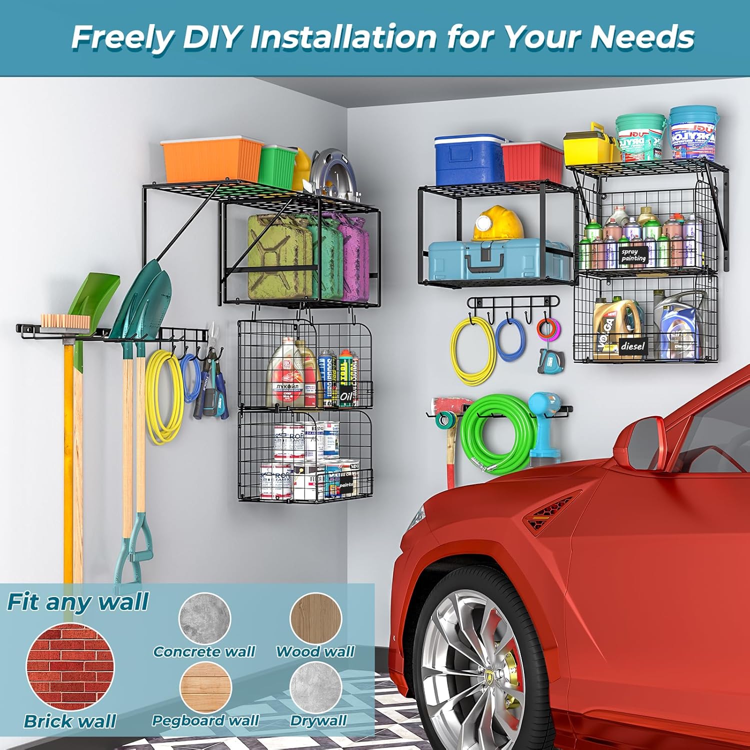 ThreeHio Garage Shelf - Heavy Duty Wall Mounted Storage with Wire Baskets & Tool Rack | Ideal for Home & Garden Organization