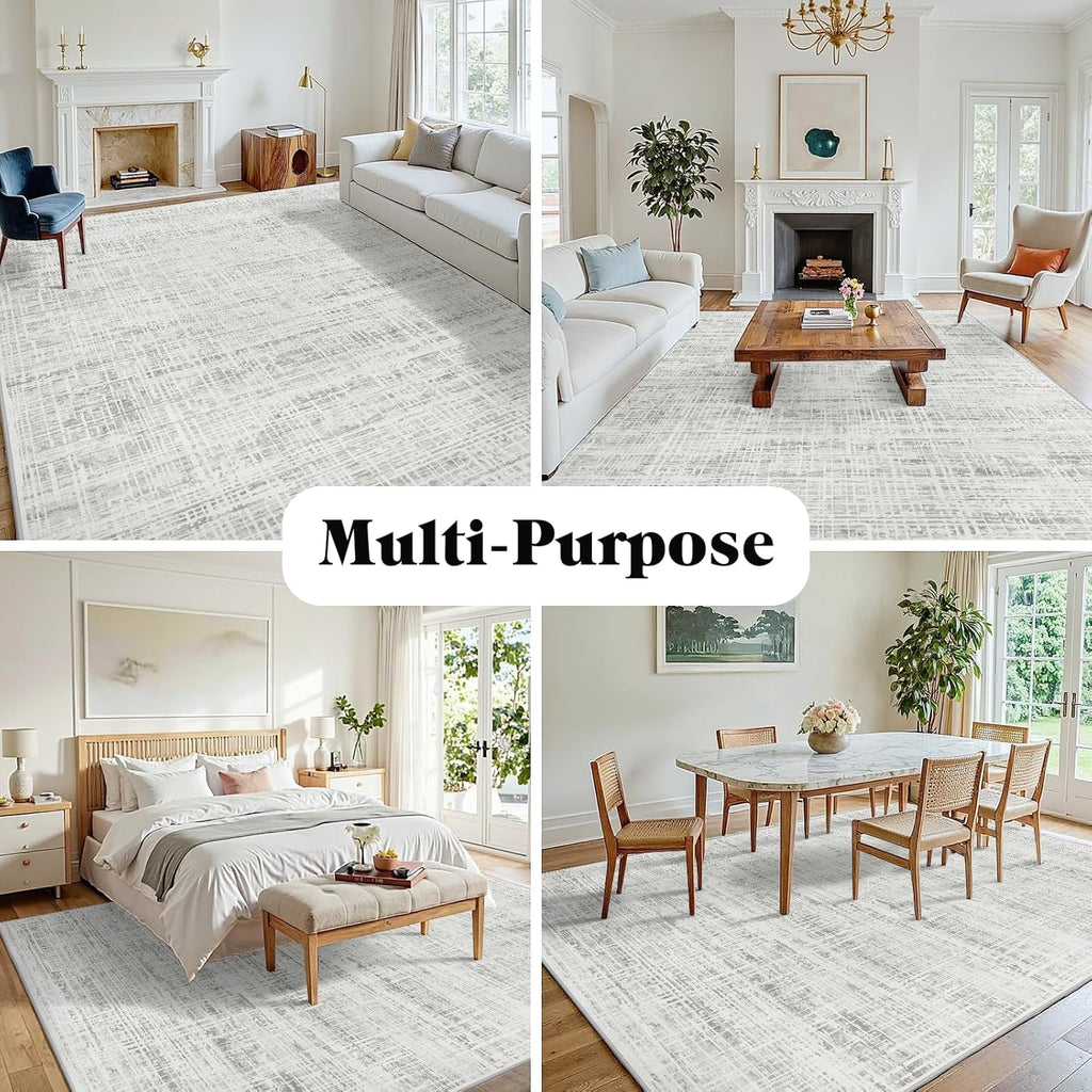 Skiennix 8x10 Area Rug - Washable Anti-Skid Abstract Design for Living Room | Soft Non-Shedding Carpet (White Gray)