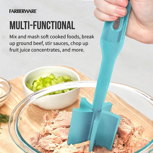 Farberware Heat Resistant Nylon Meat and Potato Masher, Safe for Non-Stick Cookware, Aqua Sky