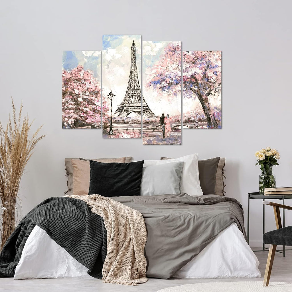 Visual Art Decor Pink Eiffel Tower Wall Art - Romantic Paris Landscape for Living Room | Framed 34"x48"