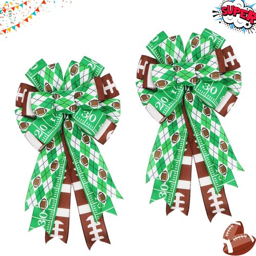 Montekin Large Football Bows for Wreath 20x11 Inch, 2 Pack Pre-Tied Wired Burlap Ribbon, Decorative Tree Topper Bow for Front Door Sports Party Indoor Outdoor Decoration (Green)