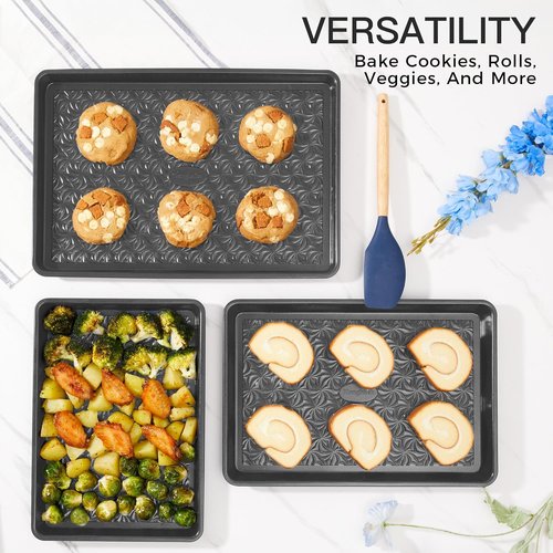 HONGBAKE Nonstick Baking Sheet Pan Set - Heavy Duty 0.8mm Thick Cookie Sheets | Floral Swirl Texture, Dark Gray