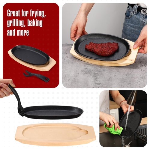 6 Pieces Oval Cast Iron Fajita Skillet Pan Set Small Sizzling Steak Plate with Wooden Base and Handle Cast Iron Fajita Skillet Sizzling Plate for Home Valentine's Day(9.5 in x 5.5 in, Natural Wood)