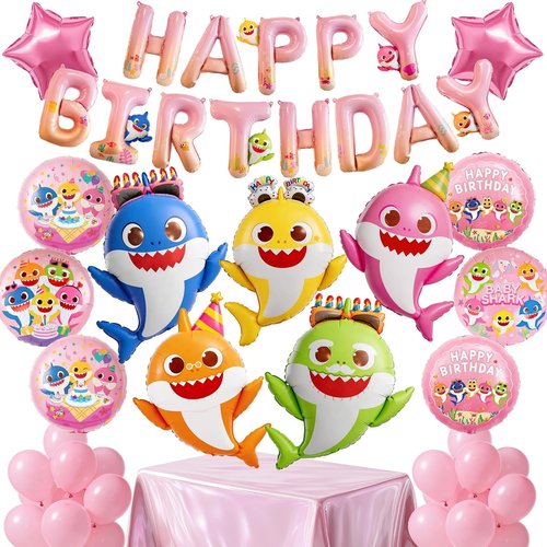 Baby Shark | PartyWoo 37-Piece Foil Balloon Set - Pink Round & Star Mylar Birthday Decorations for Kids