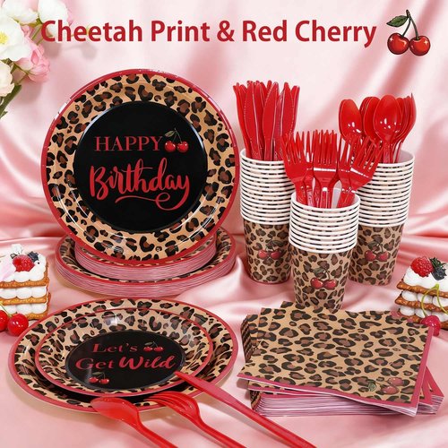Red Cheetah Print Birthday Party Decorations Plates Set 25 Guests,175pcs Plates Napkins Cups Cutlery Set, Y2K Cherry Leopard Print for Girls Night Big Mama Women