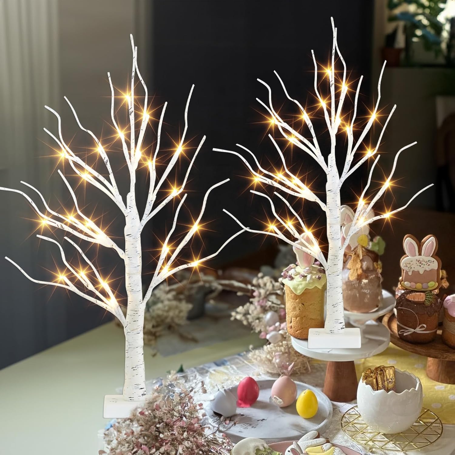 PEIDUO 2FT Birch Tree Easter Decorations - LED Light Up Tree Lamp with Timer & Warm White Glow | Indoor Table Decor (2PK)