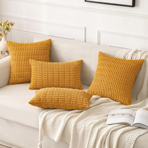MIULEE Corduroy Throw Pillow Covers - Soft Boho Striped Design | 18x18 Inch, Gold Yellow for Modern Home Decor