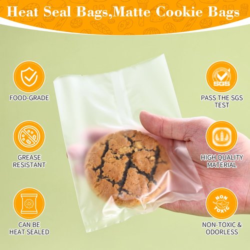 Prembag 100 Pcs 4-7/10 x 6-7/10 Inch Semi-Transparent Heat Seal Cellophane Bags for Cookies,Matte Cookie Sleeves,Frosted Treat Bag for Baked Goods