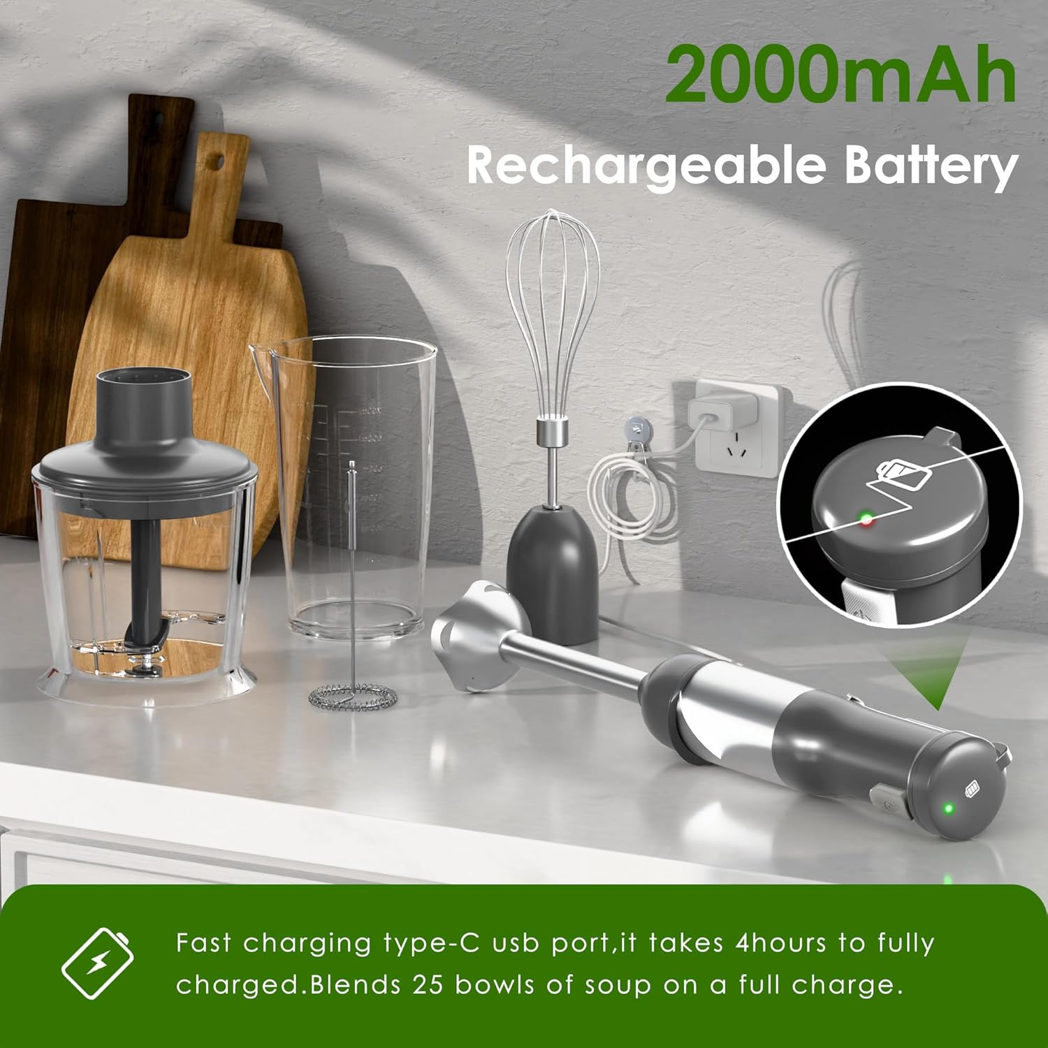 Skiennix Cordless Immersion Hand Blender - 5-in-1 Variable Speed, Rechargeable 2000mAh Battery, BPA-Free Accessories, Grey