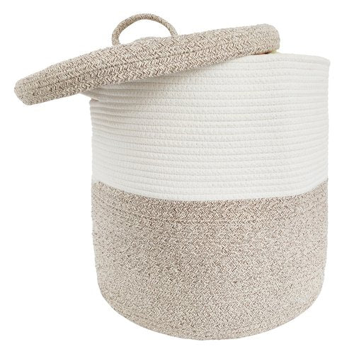 Large Storage Basket with Lid 60L, 16"Wx18"H Woven Laundry Hamper Basket with Handle, Room Decor Cotton Rope Wicker Basket Toy Organizer Bins for Clothes Blankets Pillows, Beige/White Mix includes Lid