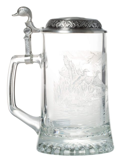 Birsppy James Mager Glass Mallard Stein Etched German Glass Beer Stein
