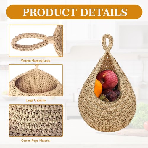 Hanging Fruit Basket for Kitchen, 3 Pack Wall Hanging Fruit Baskets with 3 Hooks, Boho Hanging Wall Basket, Hanging Kitchen Baskets for Fruits, Vegetables and Onion Storage, Linen