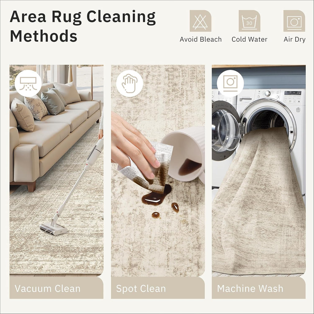 Soalmost 9x12 Area Rug - Non-Slip, Machine Washable Vintage Design for Living Room & Bedroom - Beige