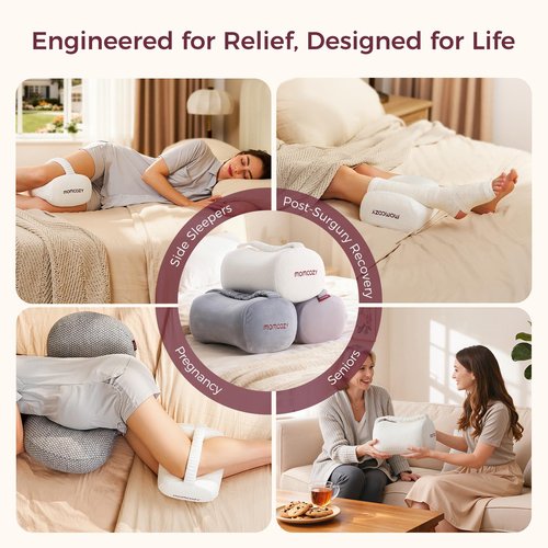 Momcozy Knee Pillow for Side Sleepers, Soft Memory Foam & Pinch-Free Design, Relieve Knee, Leg and Sciatica Pain, Adjustable Elastic Strap Ideal for Pregnant Women and Seniors, White