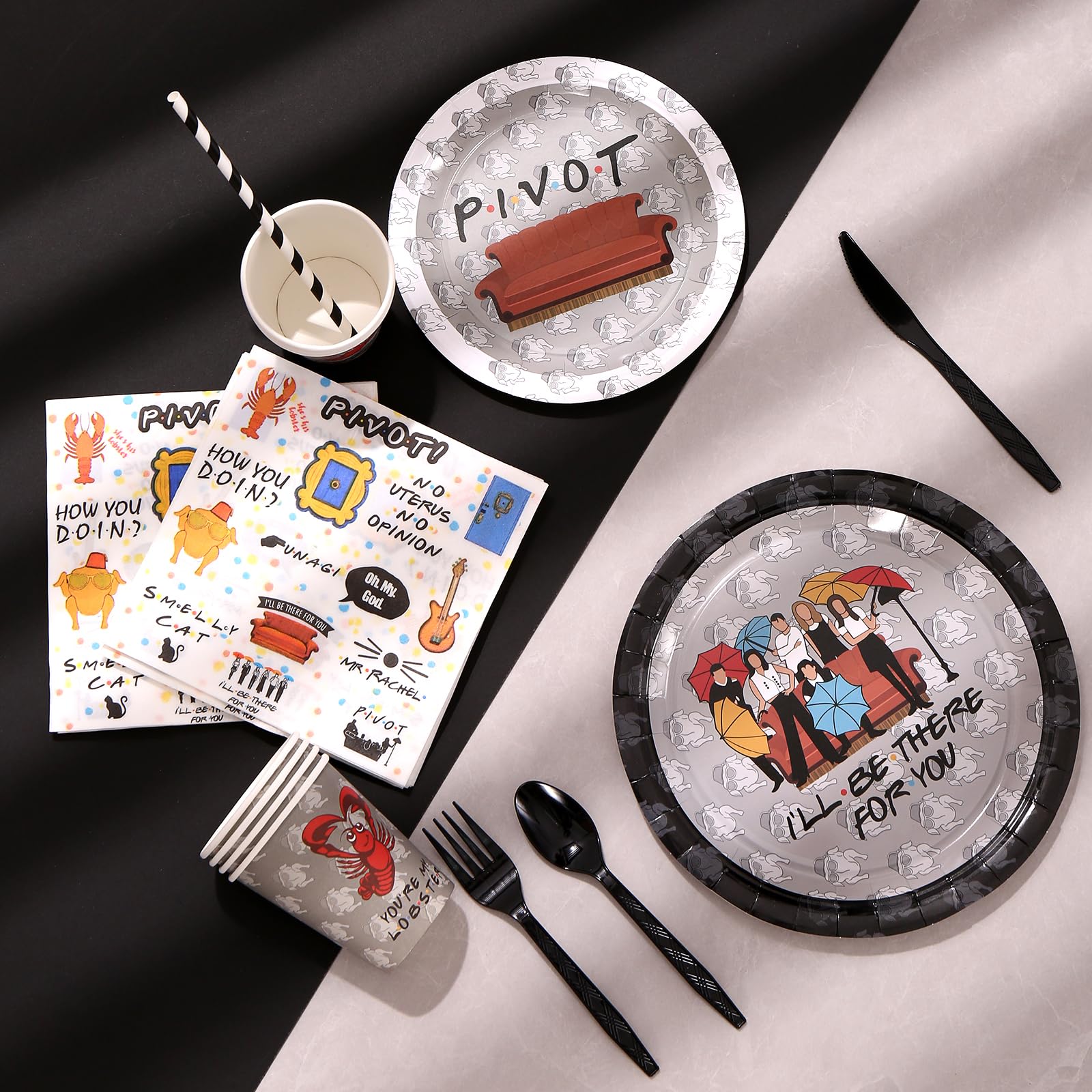 161CT iFriends Party Supplies Disposable iFriends Dinner Plates Cups Straw Napkins Spoon Fork knives Tablecloth, iFriends Birthday Party Decorations and Party Tableware Serves 20 Guests, Black