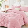 HYMOKEGE Full Size Comforter Set - Luxurious 7-Piece Seersucker Bedding in Pink/Ivory for All Seasons