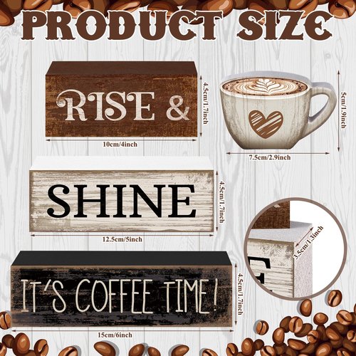 Moucuny 4 Pcs Farmhouse Coffee Bar Sign Decor Wooden Cup Rise & Shine It's Coffee Time Rustic Wood Cafe Sign Gift for Home Kitchen Tabletop Decor
