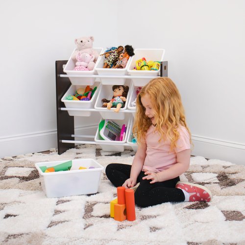 Humble Crew 9-Bin Toy Organizer – Journey Natural Espresso with White Plastic Bins, 3-Tier Storage Solution for Kids' Playrooms and Nurseries