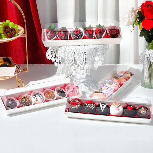 JCXGRVC 50 Pack 12 x 2.8 x 2.4 Inches Chocolate Covered Strawberries Boxes Macaron Boxes with Clear Lids 12 Inches Long Bakery boxes with Window for Chocolate truffle Cocoa Bombs,Cookies