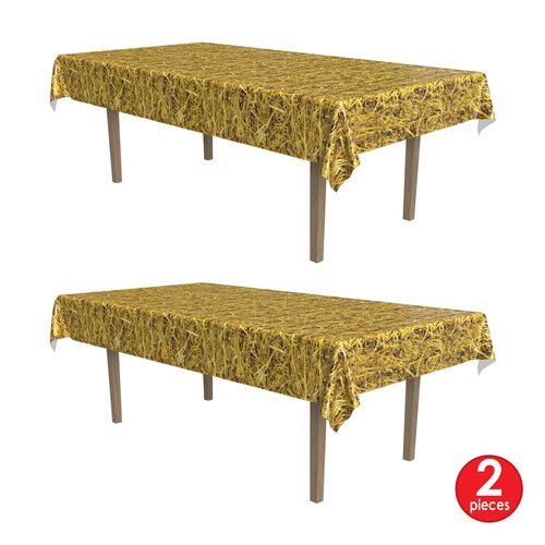 Beistle 2 Piece 54" x 108" Plastic Rectangular Straw Print Table Covers for Farm Theme Western Party Supplies, Celebrating with You Since 1900