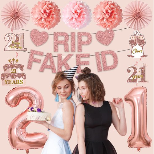Yatufom 21st Birthday Decorations for Her, Pre-Strung 21st Birthday Rip Fake ID Banner 21 Balloon Hanging Swirls Paper Pompoms & Fans for Girl, Pink Rose Gold 21 Year Old Party Decor Supplies