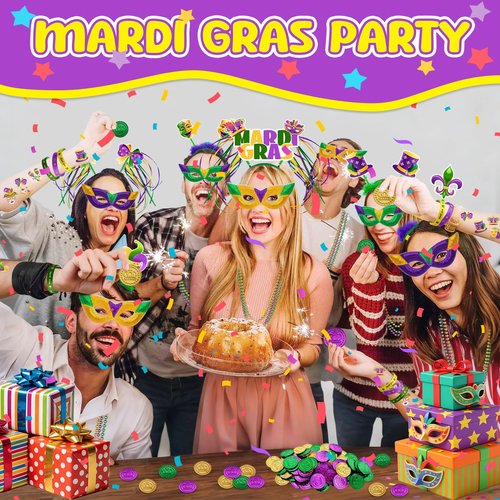 DMIGHT 124 Pcs Mardi Gras Accessories Set Bulk Party Favors Supplies with Headbands Masks Beads Necklaces Coins Tattoos for Mardi Gras Masquerade Parade Carnival Parade