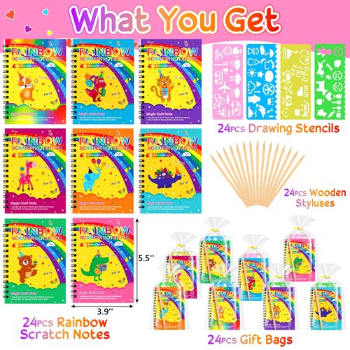 24Pack Rainbow Scratch Notebook Party Favor For Kids 4-8 8-12 Scratch Art Paper Basket Stuffers, Easter Coloring Books Classroom School Exchange Prizes Girl Toys Boy Students Toddlers Goodie Bags