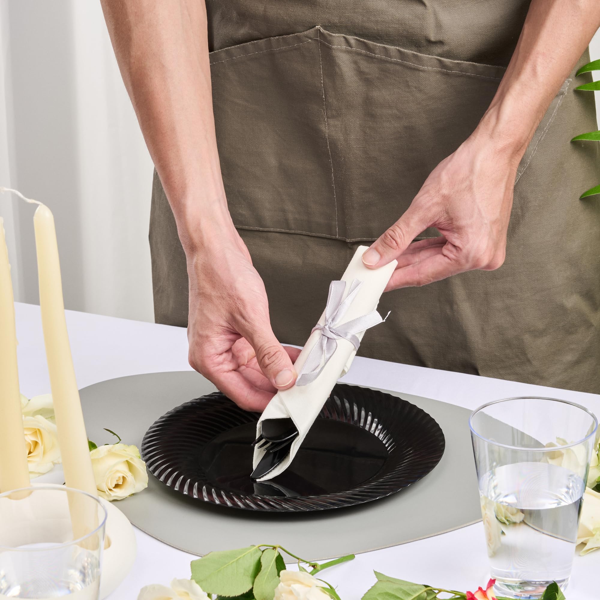 Restaurantware-7.3 Inch x 2 Inch Plastic Cutlery Sets, 100 Plastic Flatware Sets - Silver Ribbon, With White Napkin, Indivudally Wrapped, Black Plastic Disposable Cutlery Sets, For Weddings And Events