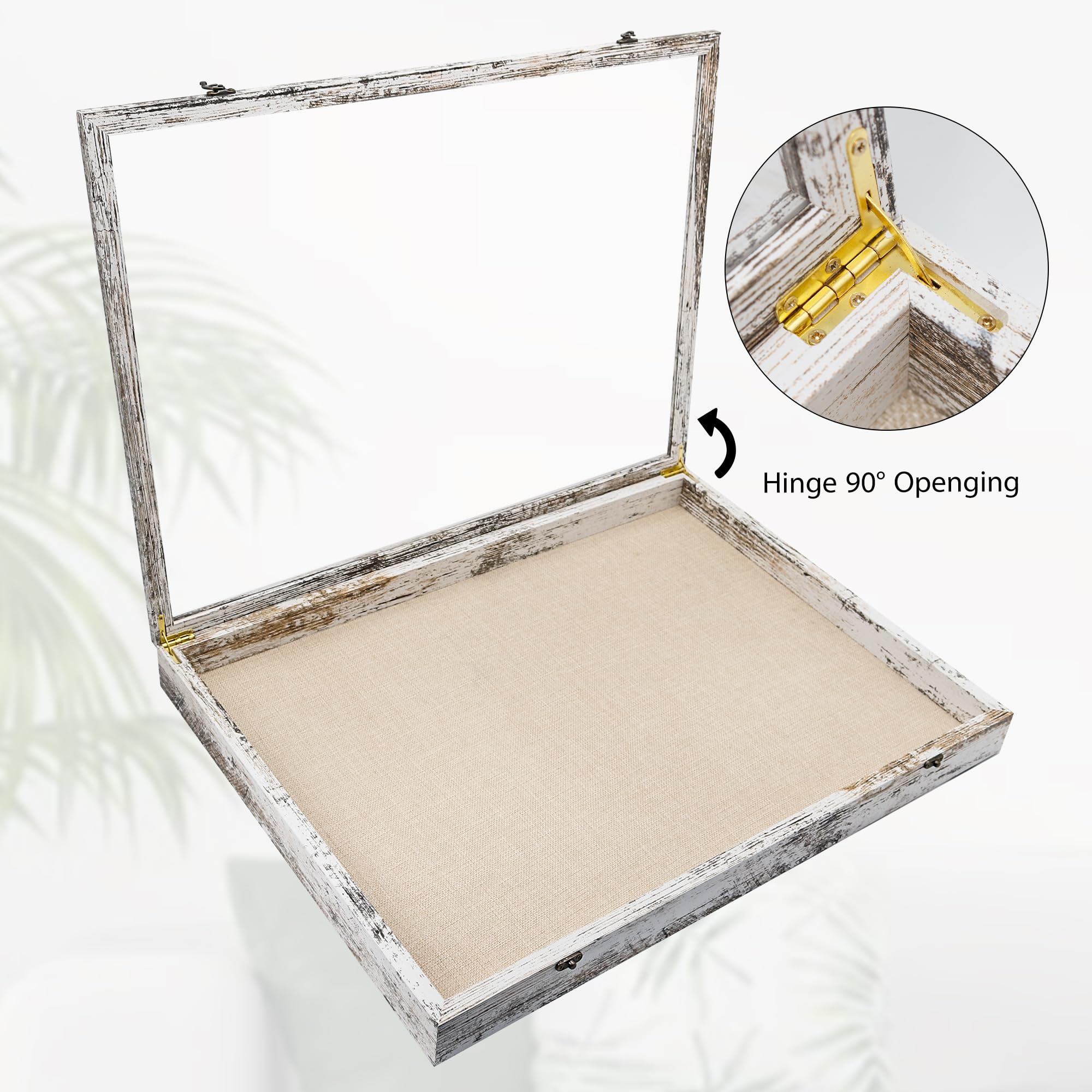 GraduationMall 18x24 Wood Shadow Box Frame Glass Door Display Case with Linen Back and 6 Stick Pins,1.5 inches Interior Depth,Ideal for Memorabilia Pictures Flowers Medals Tickets Rustic White