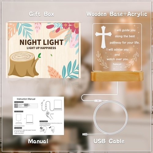 Lampeez Baptism Gift, Cross Night Light Wooden Novelty Lamp Illusion for Kids, Kids Decoration Lamp USB Power Bedroom Decor Xmas Holiday Christening Dedication Gift for Boy Girl