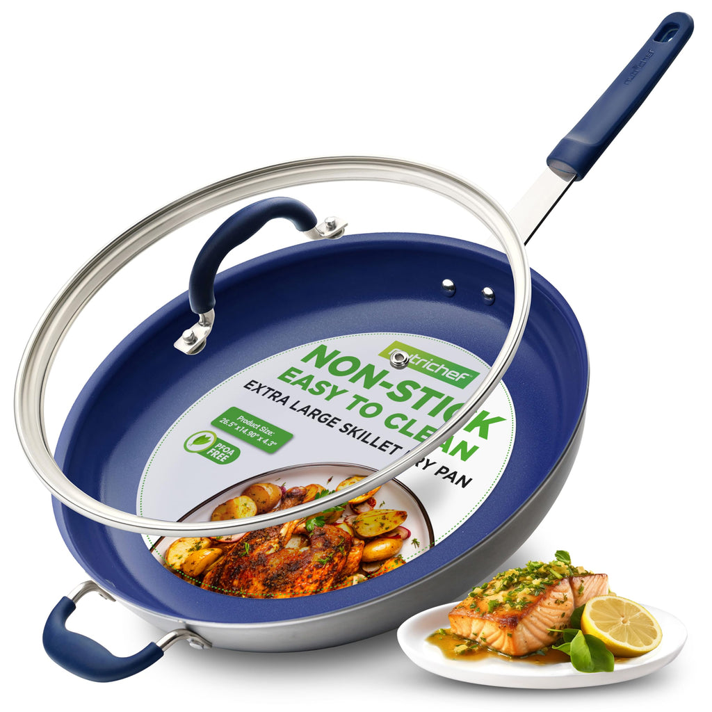 NutriChef 14" Fry Pan With Lid - Extra Large Skillet Nonstick Frying Pan with Silicone Handle, Ceramic Coating, Blue Silicone Handle, Stain-Resistant And Easy To Clean, Professional Home Cookware