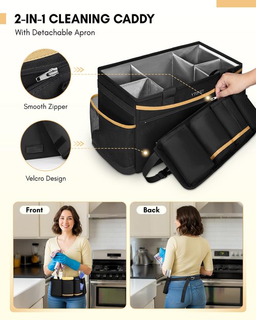 Ytonet Cleaning Caddy Bag with Detachable Apron, Extra Large Cleaning Supplies Organizer with Foldable Dividers, Portable Cleaner Tote with Handle, Cleaner Caddy for Housekeeper, Black