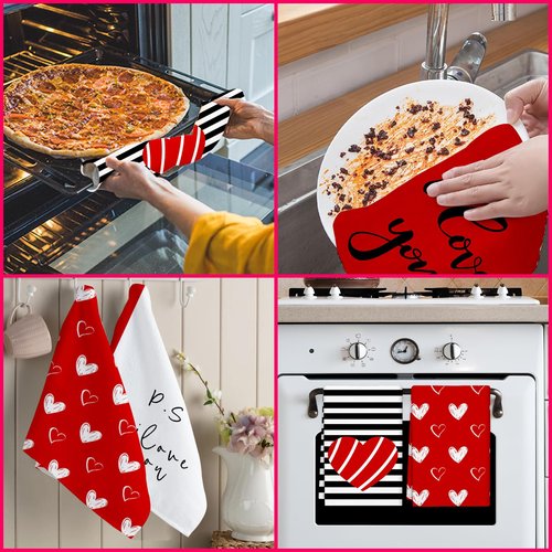 Valentines Day Kitchen Towels Cute Hand Towels for Bathroom Valentine Dish Towel 4 Pcs Dwarfs with Love Heart Reusable Tea Towel Holiday Farmhouse Wedding Anniversary Kitchen Gift for Home Wall Decor