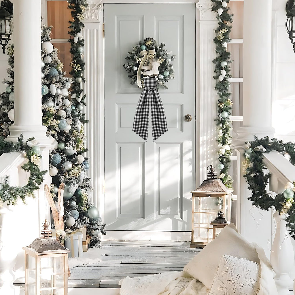 Skiennix 2 Pack Wreath Sash - Stylish Boxwood Garland for Front Door Decor | White & Black Plaid
