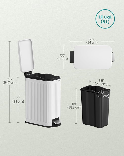 SONGMICS Bathroom Trash Can, 1.6-Gallon (6 L) Trash Bin with Lid, Slim for Small Spaces, Stainless Steel Garbage Can, Soft Close, White ULTB563W02