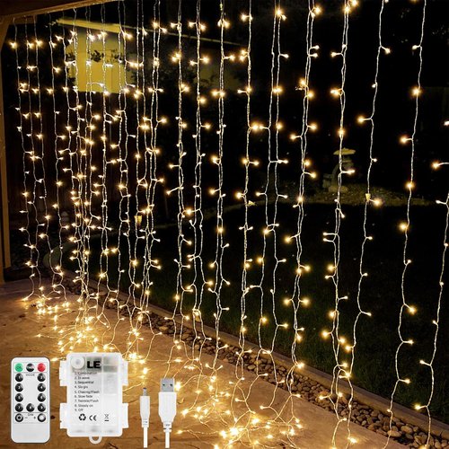LE Fairy Curtain Lights - 300 LED Battery Operated & USB Plug-In String Lights | 10 x 10 ft for Bedroom & Events