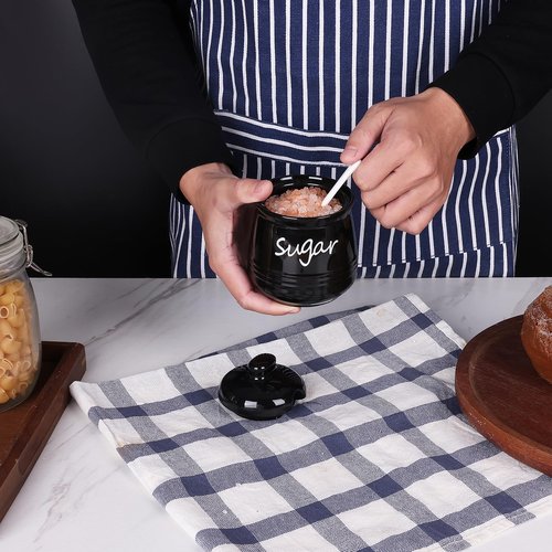 HAOTOP 12oz Sugar Bowl with Lid and Spoon,Ceramic Sugar Jar Sugar Dispenser Sugar Container Coffee Bar Accessories, Kitchen Countertop Canisters, Black