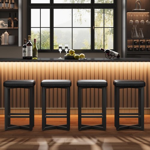 IDEALHOUSE Bar Stools Set of 4, 24.6" Counter Height Backless Barstools, Upholstered PU Leather Seats with Metal X-Frame & Footrest, Modern Kitchen Stools for Home Bar, Dining Room, Black