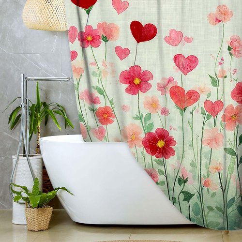 DYNH Valentine's Day Shower Curtain,Spring Romantic Red Heart Floral Bathroom Curtains,Wildflower Botanical Sweet Lovers Fabric Home Decor Curtain with Hooks,69X70 in