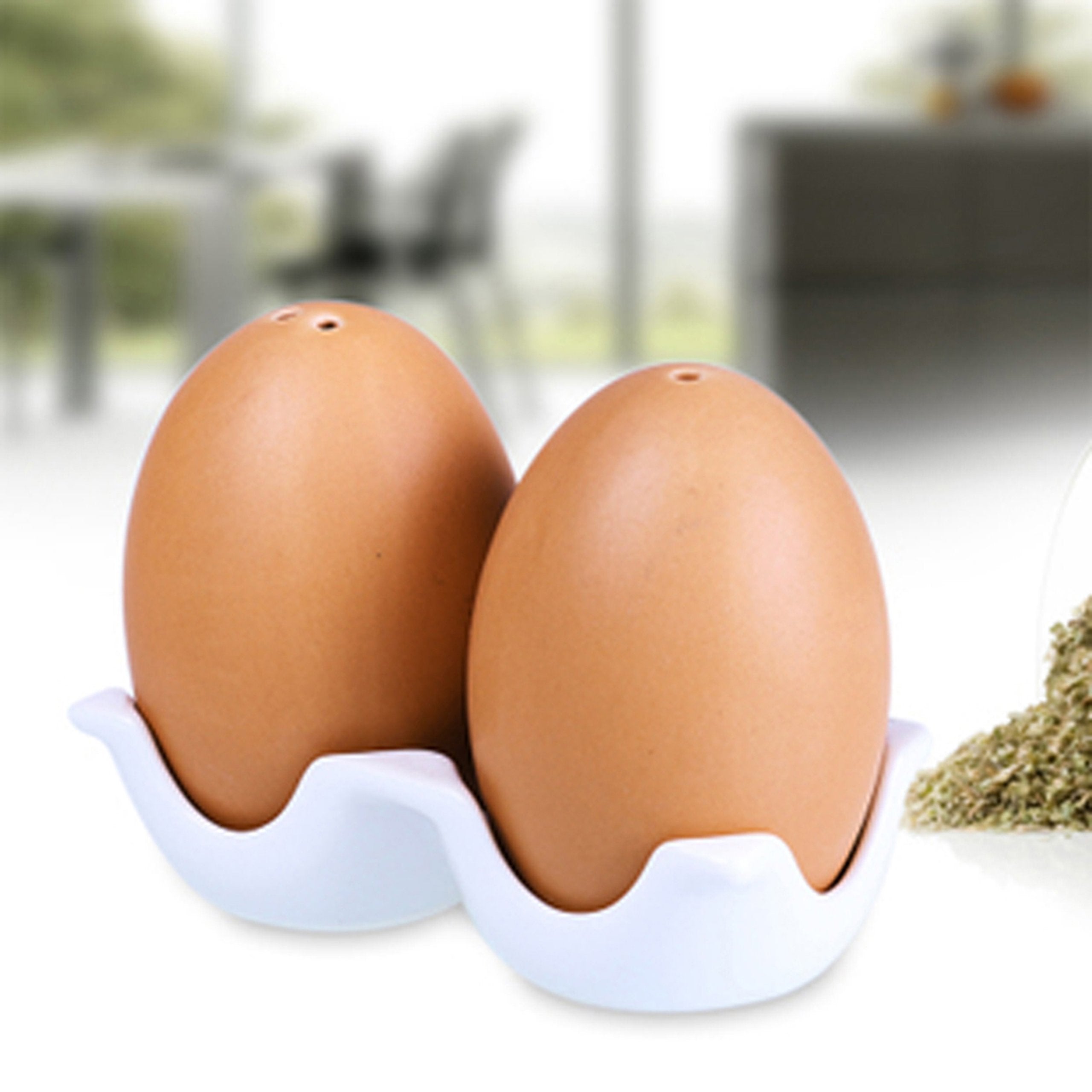 MyGift Ceramic Salt and Pepper Shaker Set, Mini Brown Egg Shaped Shakers with Carton Design Holding Stand, 3 Piece
