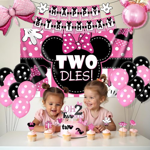Oh Twodles Birthday Party Supplies Girl, 2nd Birthday Decorations for Girl, 38 Pcs 2 Year Old Bday Decorations, 2nd Pink Bday Decorations