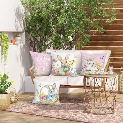 Bonhause Spring Easter Bunny Throw Pillow Covers 18x18 Inch Pink Rabbit Floral Butterfly Home Sweet Home Spring Decor Soft Velvet Decorative Pillow Cases for Couch Sofa Patio Garden Set of 4