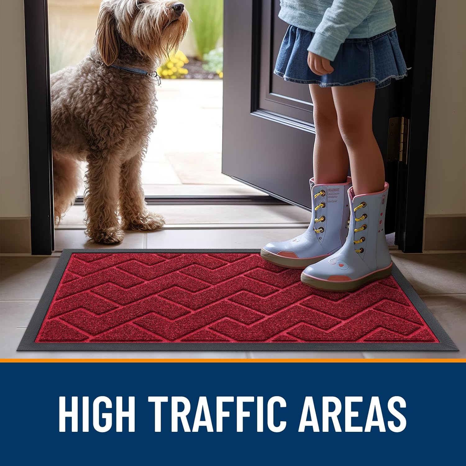 OLANLY Waterproof Front Door Mat - All-Season Herringbone Doormat | Easy Clean, Low Profile, Wine Red (47x32)