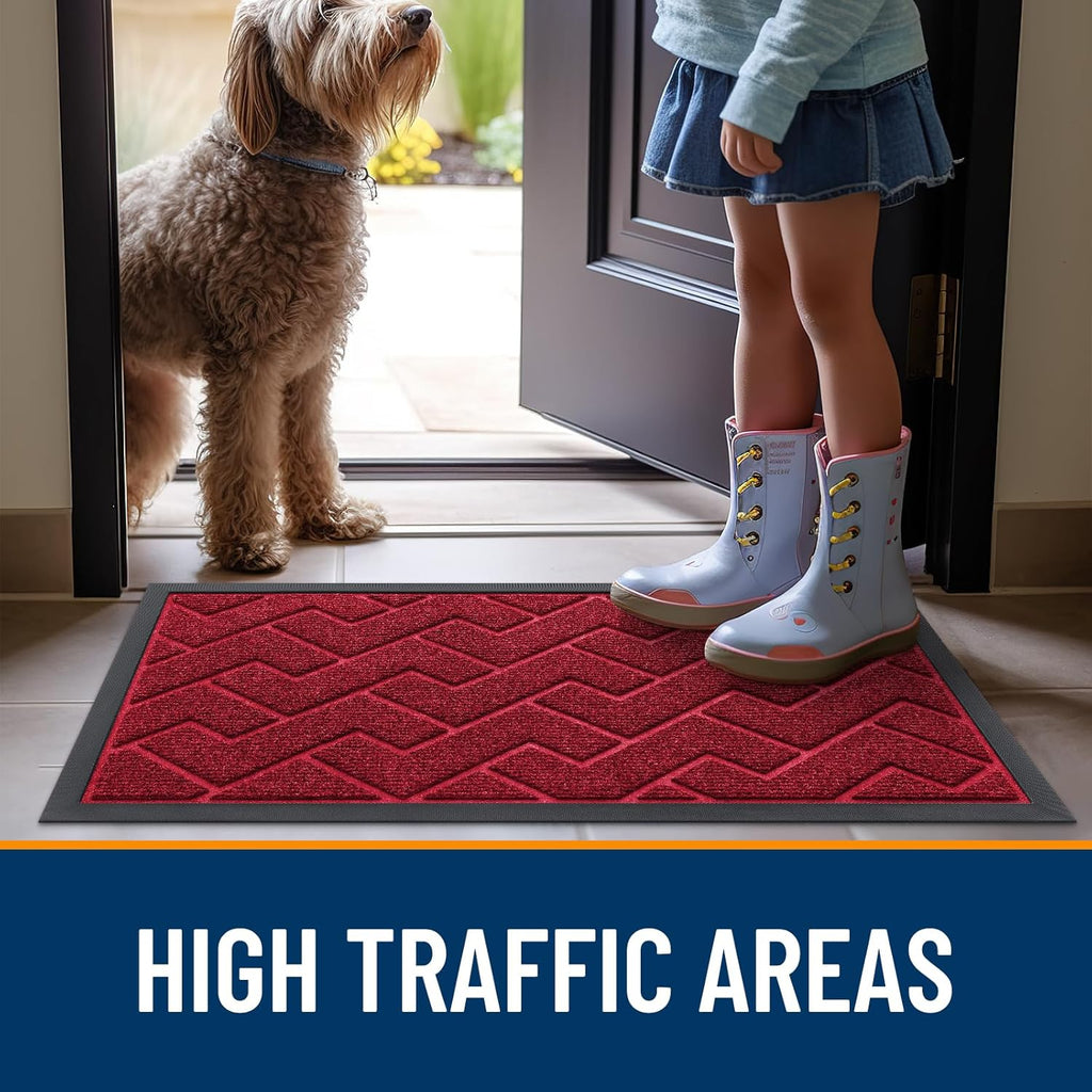 OLANLY Waterproof Front Door Mat - All-Season Herringbone Design | Easy Clean, Low Profile, Wine Red (59x35)