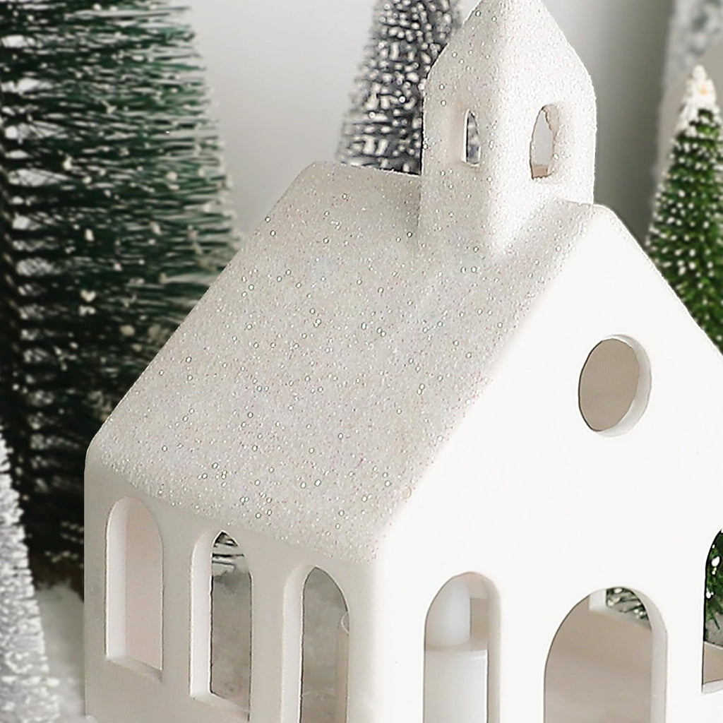 Skiennix Christmas Village Set - 5 Lighted Ceramic Houses with Remote Control & 9 Trees | Rustic Indoor Holiday Decor