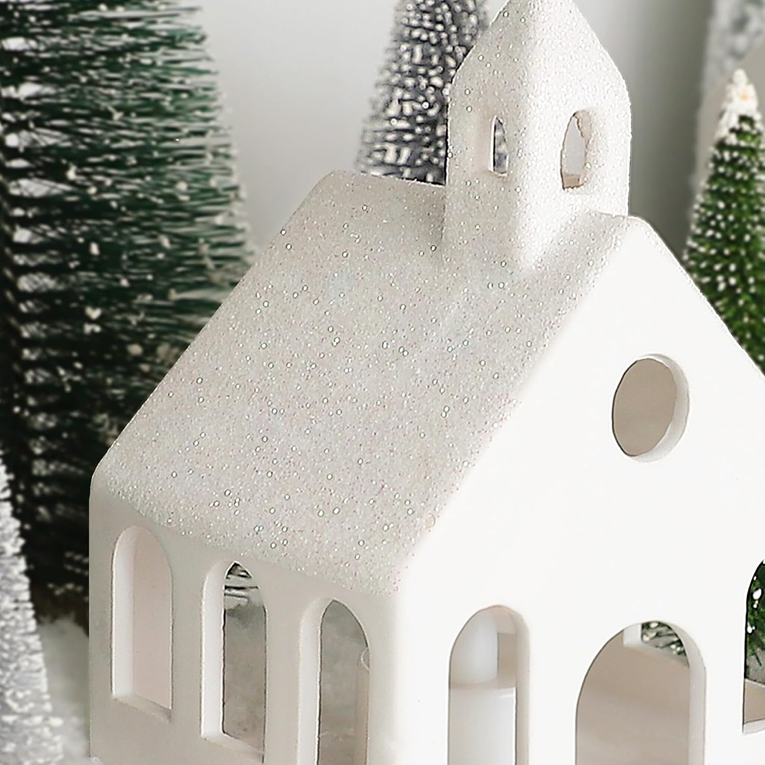 Skiennix Christmas Village Set - 5 Lighted Ceramic Houses with Remote Control & 9 Trees | Rustic Indoor Holiday Decor