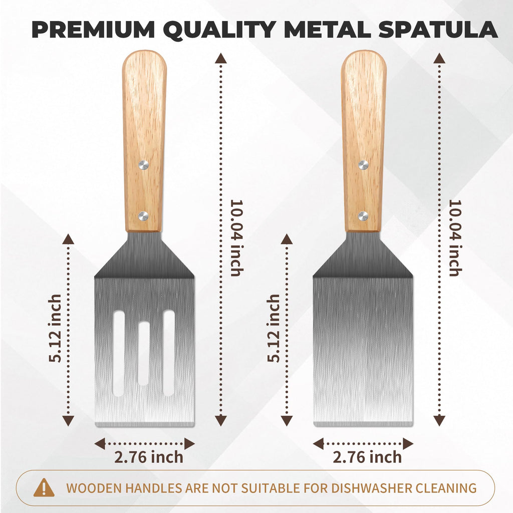 Stainless Steel Spatula Set, 2 Pieces Metal Spatula for Cast Iron Skillet, Metal Spatulas for Kitchen Use with Wooden Handle, Ideal for Frying Steak, Pancake, Cookie, Burger, Brownie or Desserts